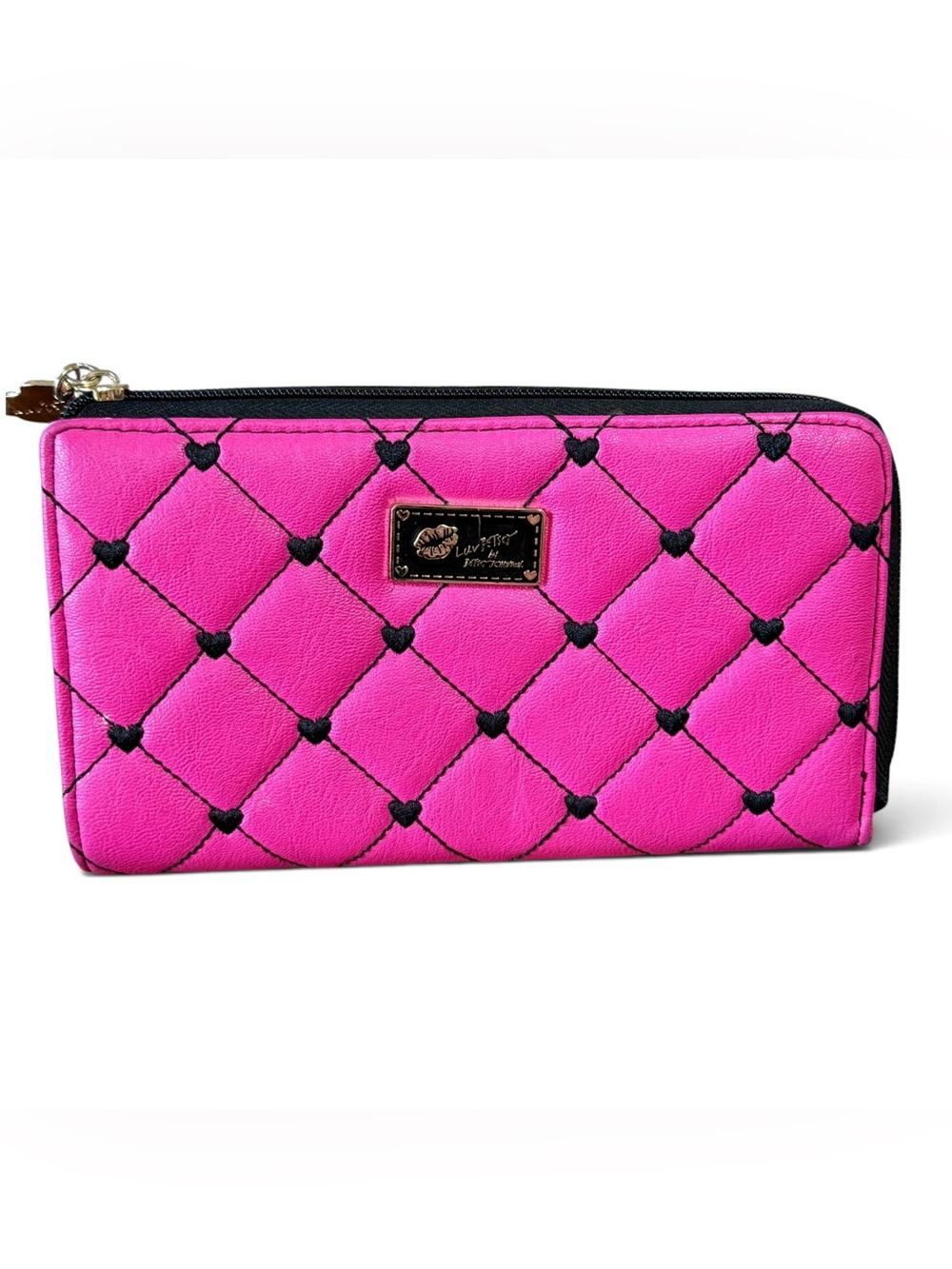 Luv Betsey by Betsey Johnson Wallet Pink Quilted Design Black Embroidered Hearts